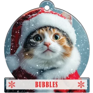 Christmas cat in Santa suit snow globe-shaped acrylic ornament with snowflakes background