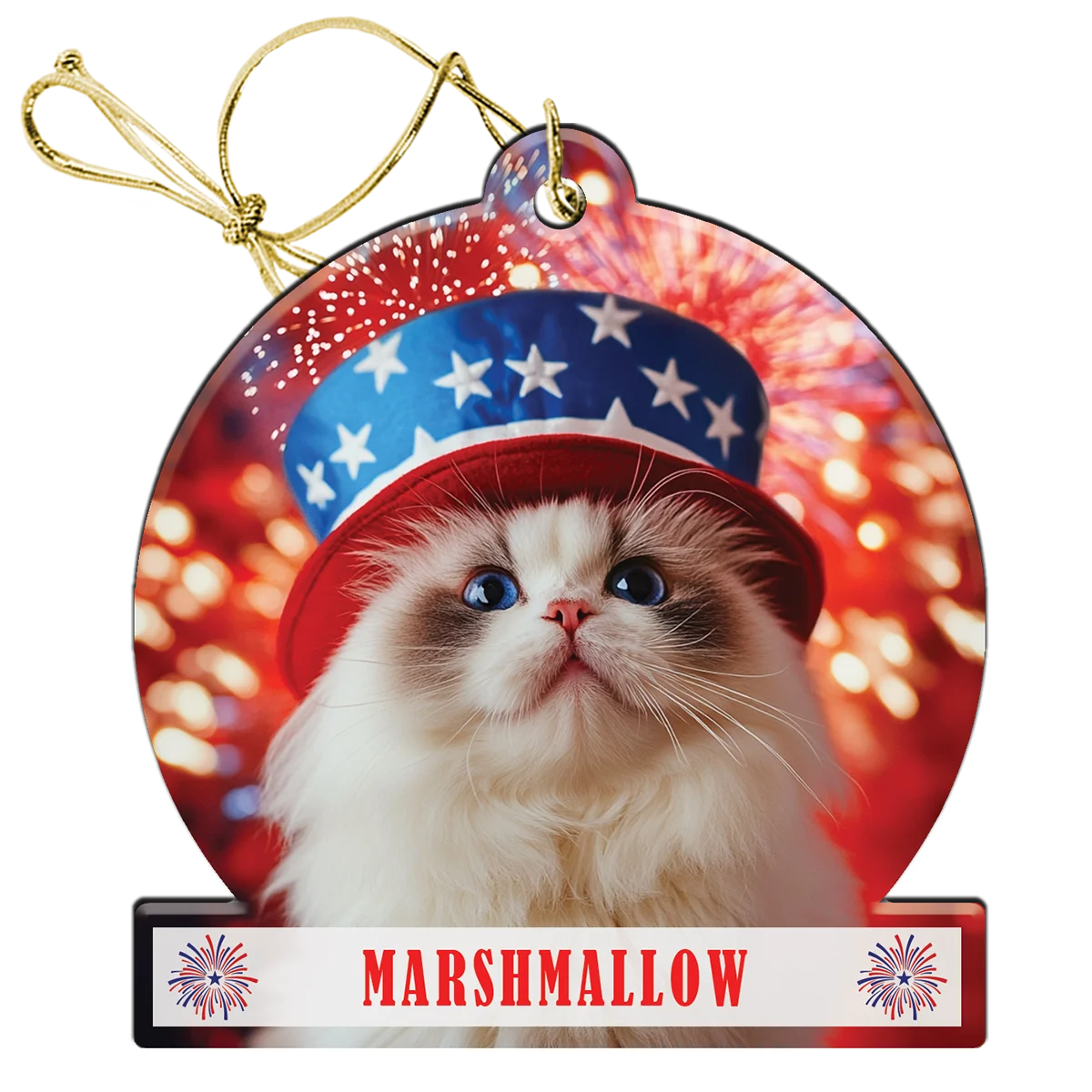 Laser Cut Acrylic Ornament Cat in Uncle Sam Top Hat with Fireworks Background