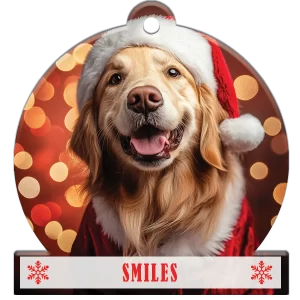 Christmas dog in Santa suit snow globe-shaped acrylic ornament with blurred lights background