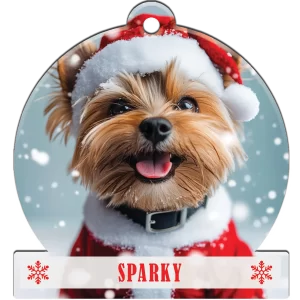 Christmas dog in Santa suit snow globe-shaped acrylic ornament with snowflakes background